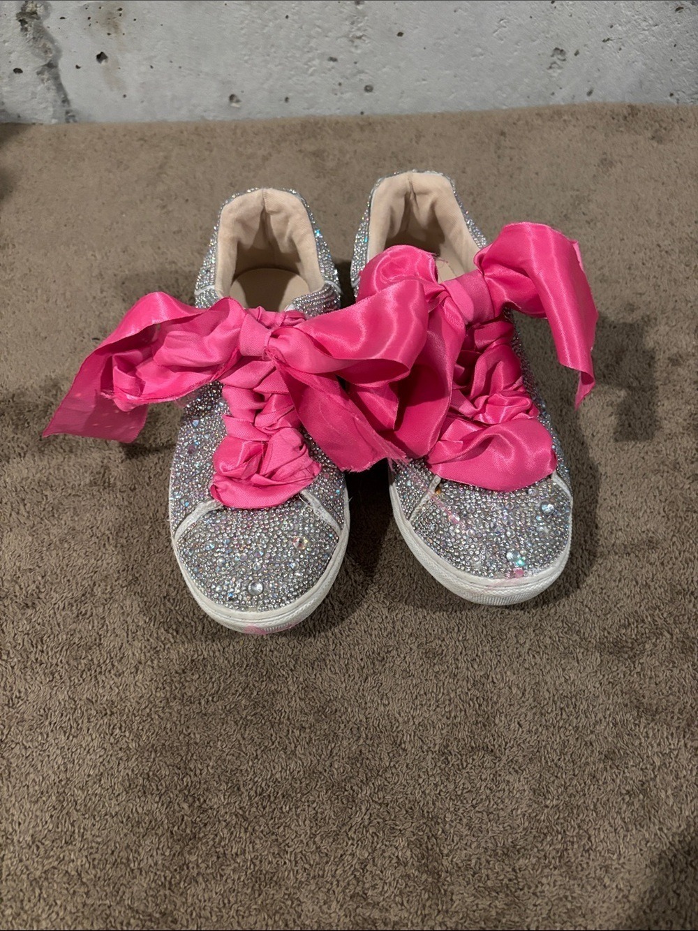 Betsey Johnson Sidny Silver Rhinestone Sneakers with Hot Pink Bow - Size 3
